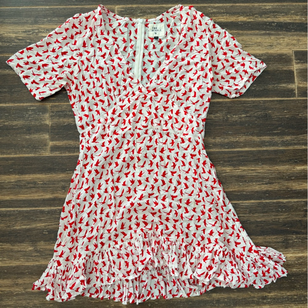 The People Vs. White Mini Dress with Red Bird Print